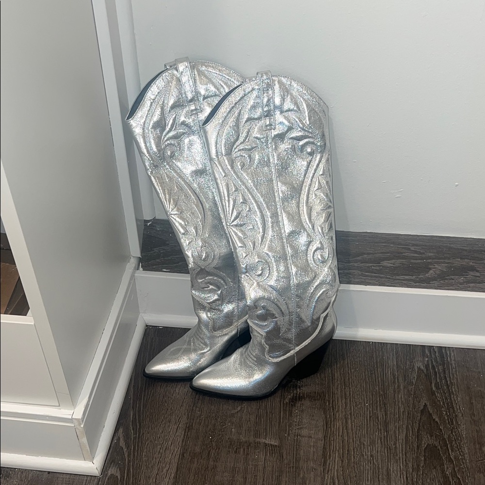 Silver Metallic Embossed Cowboy Boots
